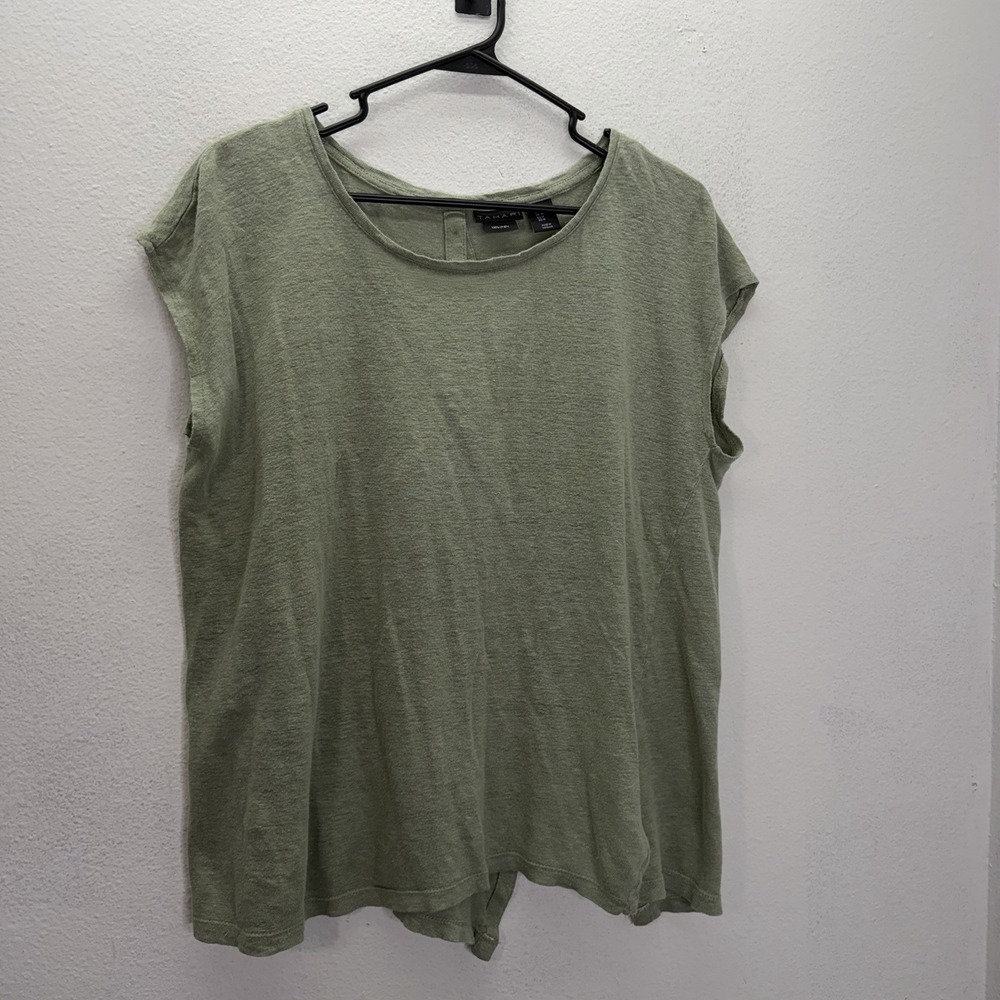 Tahari Womens Olive Green 100% Linen Cap Sleeve Tunic Top Shirt SZ M Minimalist